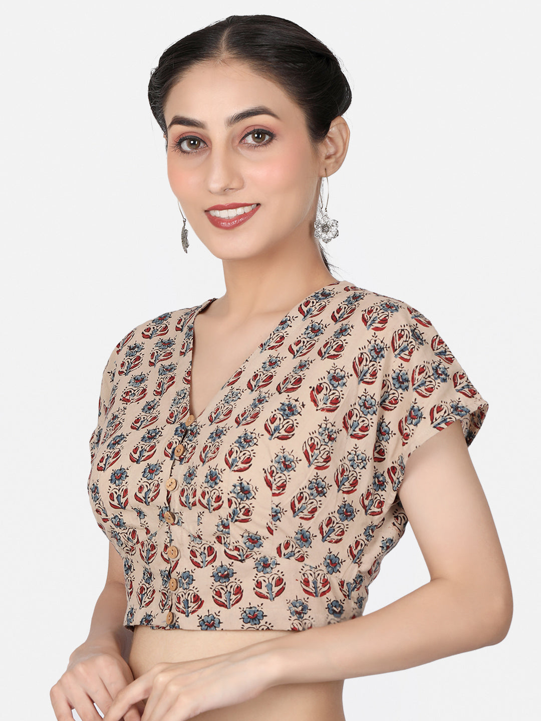Off White Ajrakh  Cotton Ready To Wear Saree Blouse