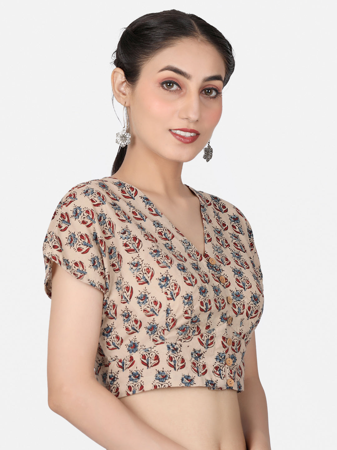 Off White Ajrakh  Cotton Ready To Wear Saree Blouse
