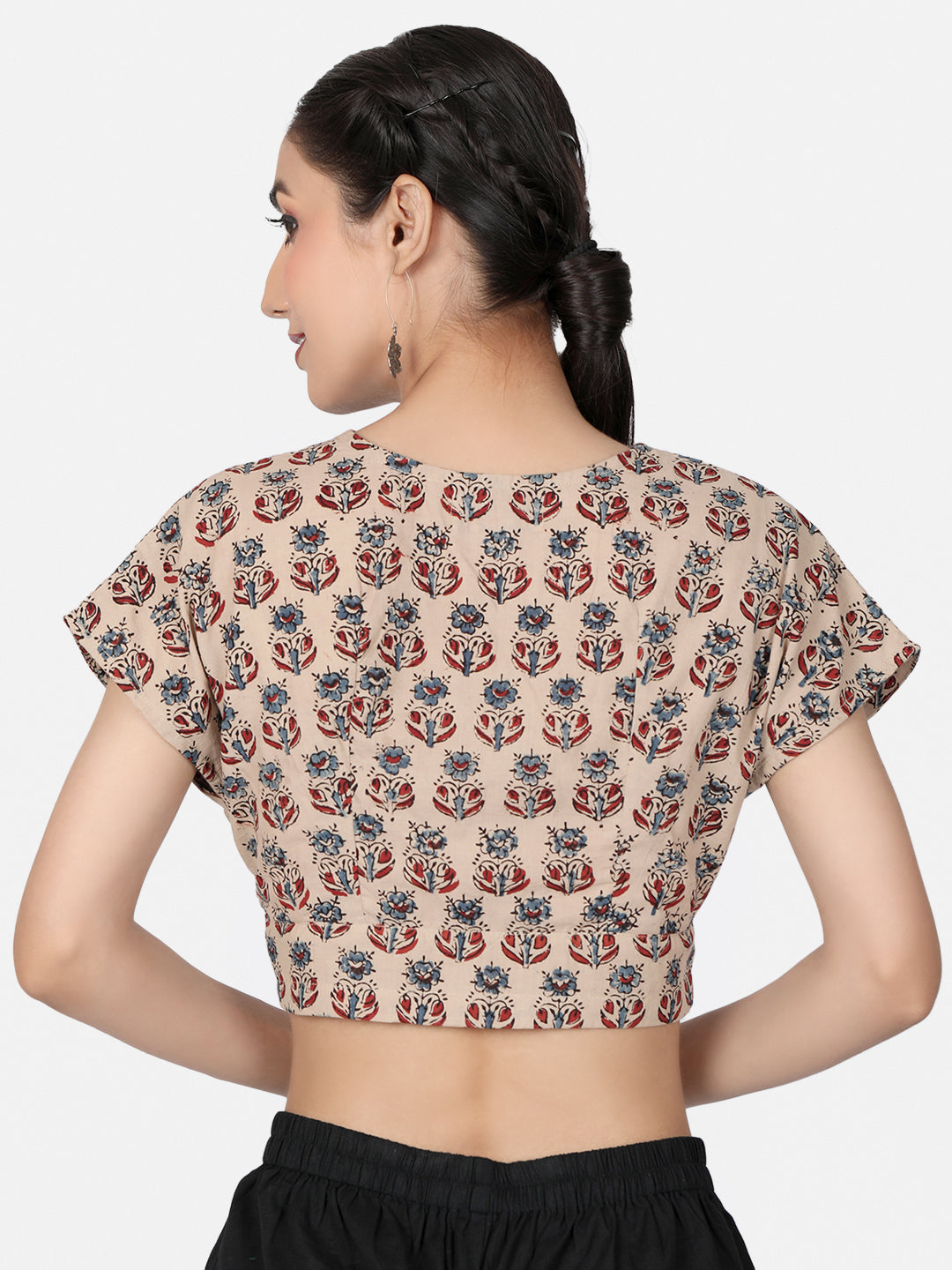 Off White Ajrakh  Cotton Ready To Wear Saree Blouse