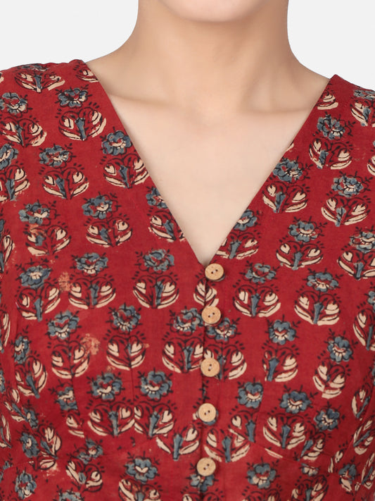 Maroon Ajrakh Block Printed Cotton Saree Blouse