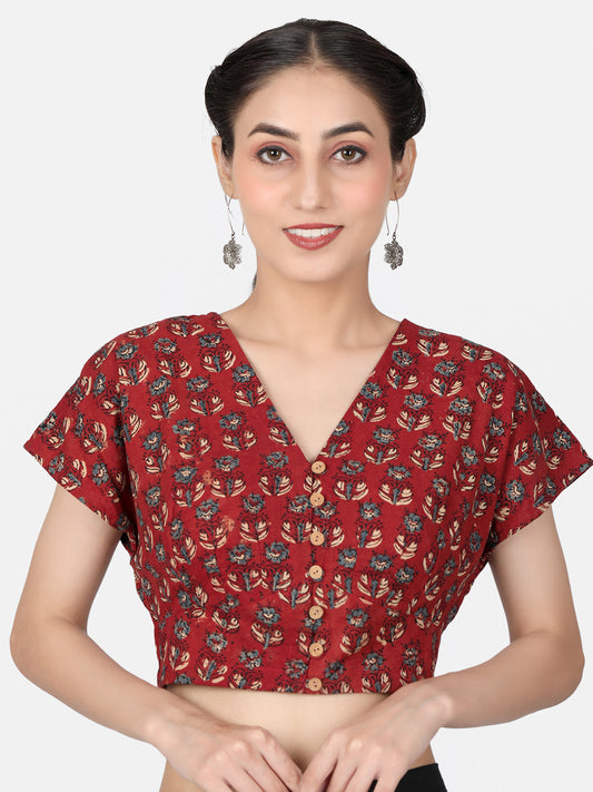 Maroon Ajrakh Block Printed Cotton Saree Blouse