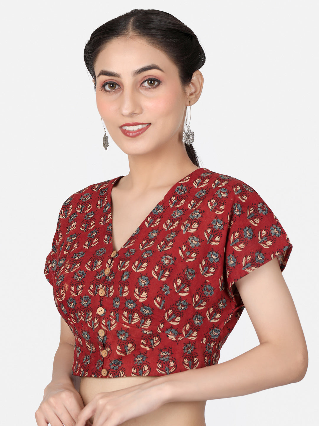 Maroon Ajrakh Block Printed Cotton Saree Blouse