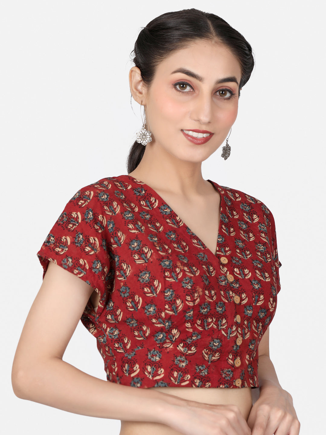 Maroon Ajrakh Block Printed Cotton Saree Blouse
