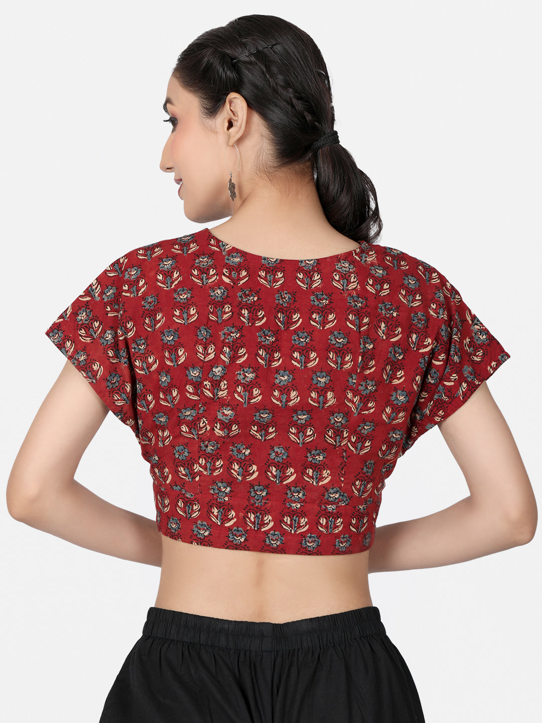 Maroon Ajrakh Block Printed Cotton Saree Blouse