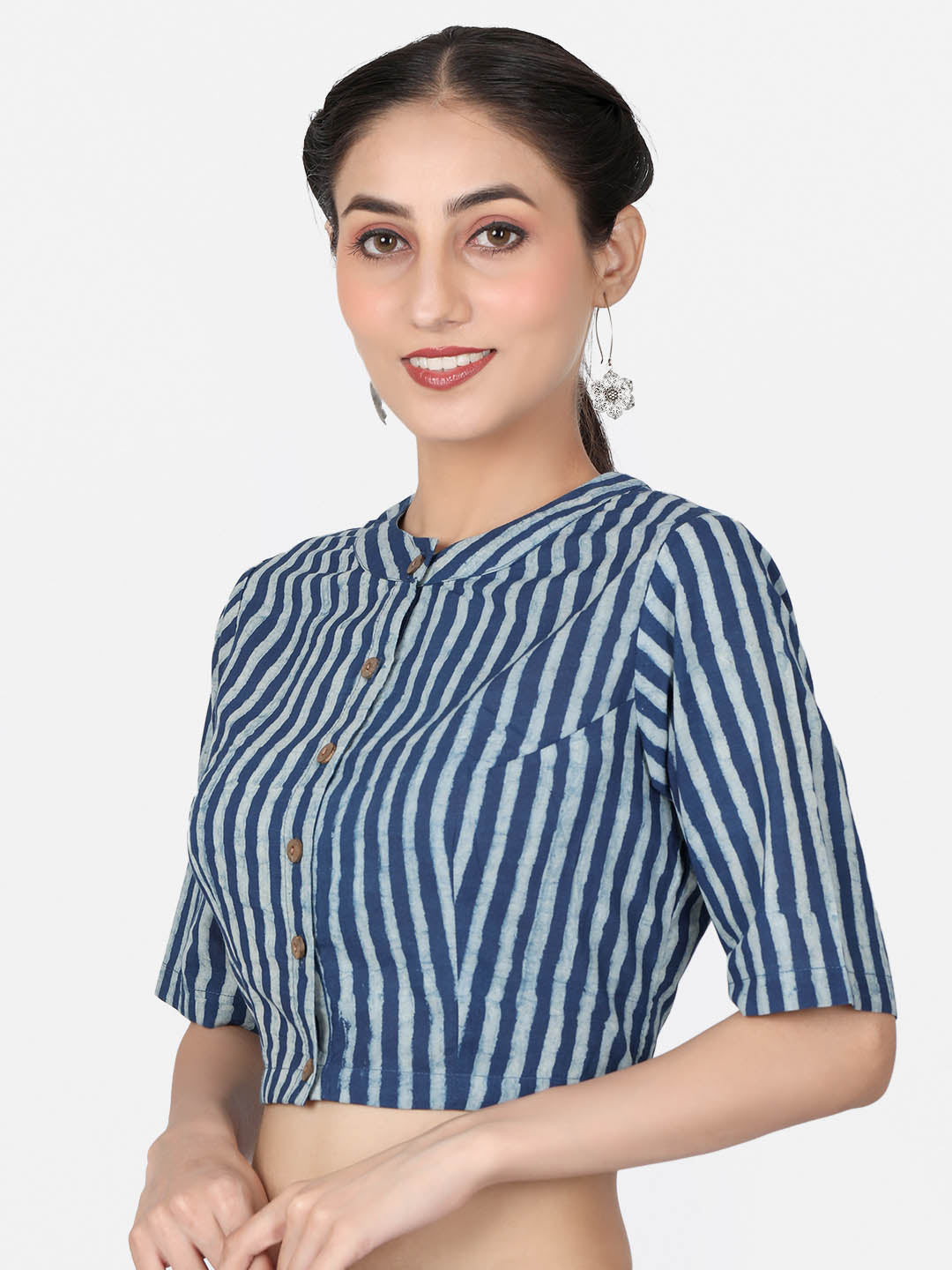 Women  Blue Striped Block Printed Cotton Ready To Wear Non Padded Saree Blouse
