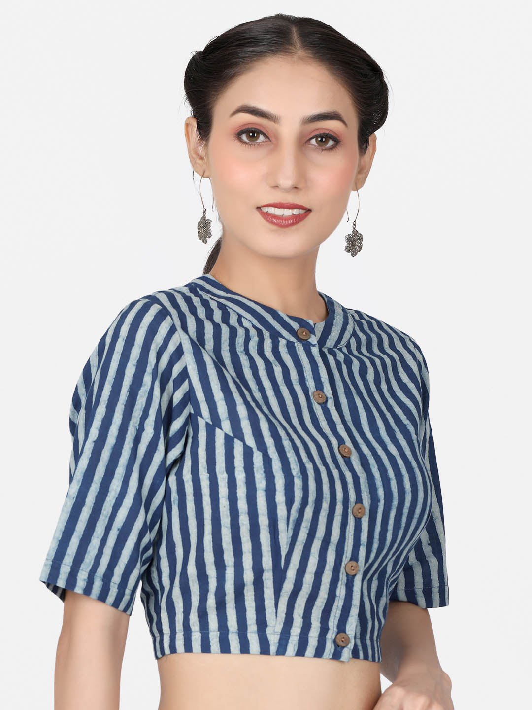 Women  Blue Striped Block Printed Cotton Ready To Wear Non Padded Saree Blouse