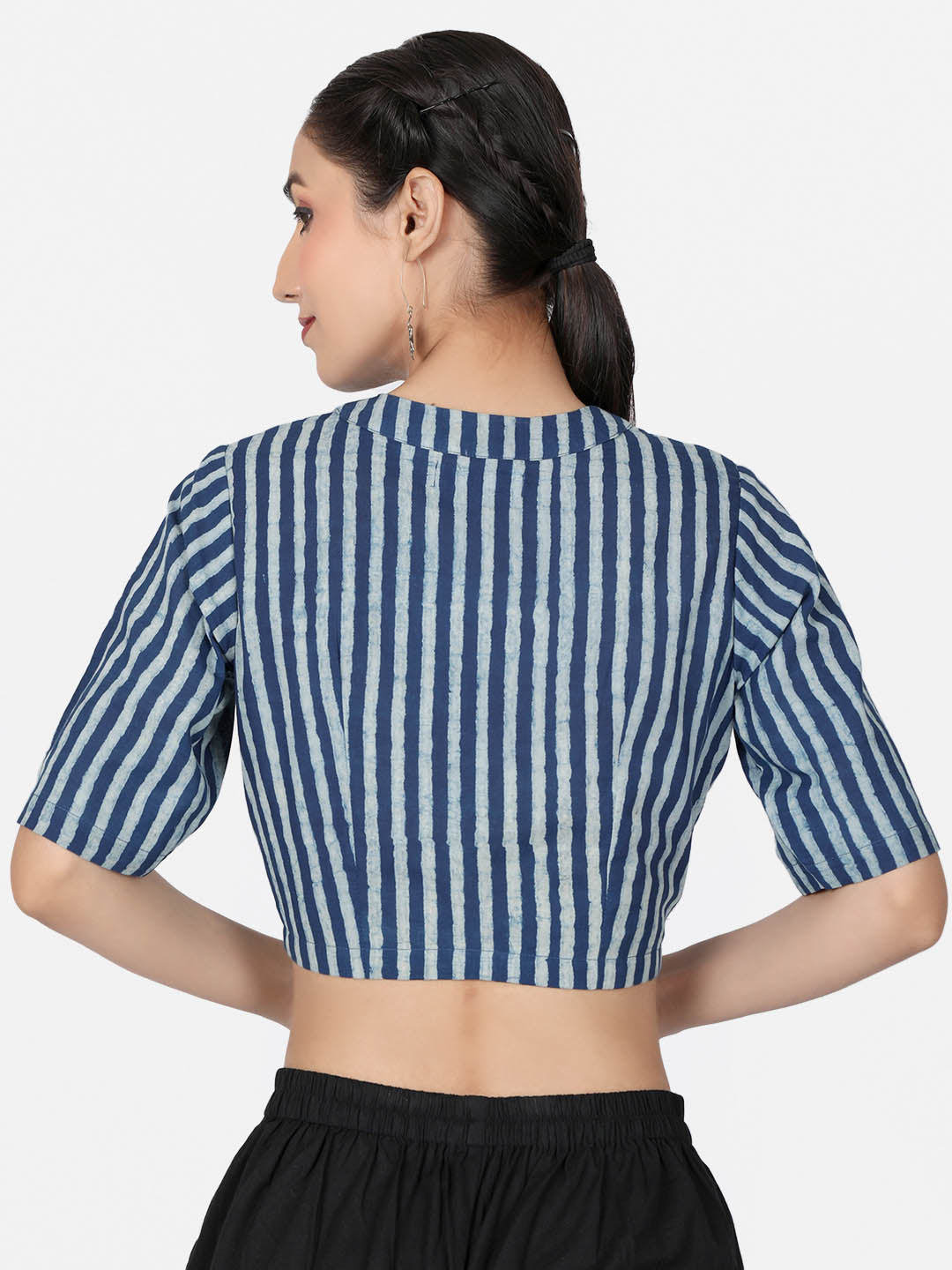 Women  Blue Striped Block Printed Cotton Ready To Wear Non Padded Saree Blouse