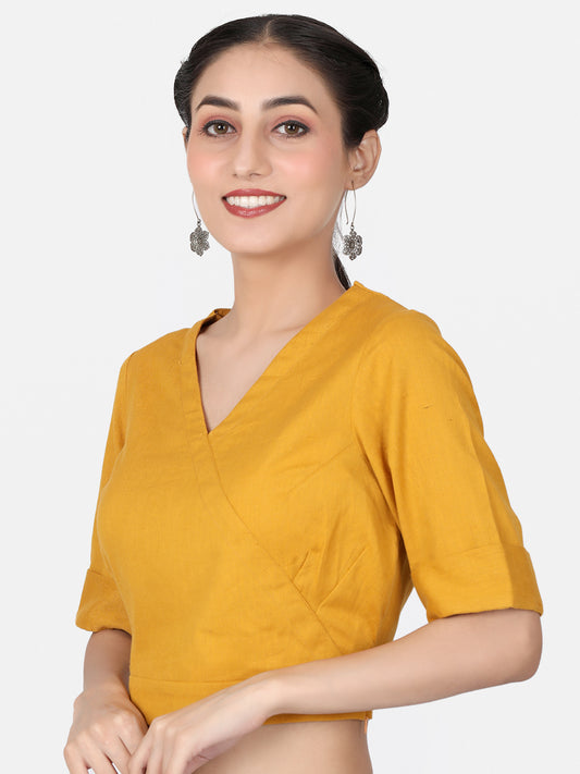 Mustard Solid Cotton Ready To Wear Saree Blouse