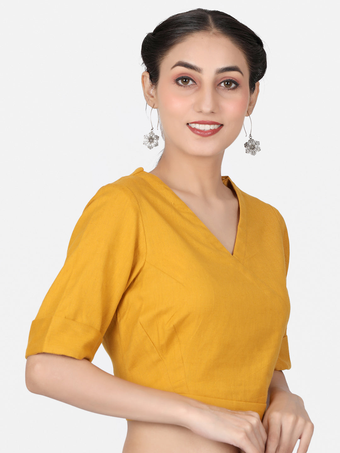 Mustard Solid Cotton Ready To Wear Saree Blouse