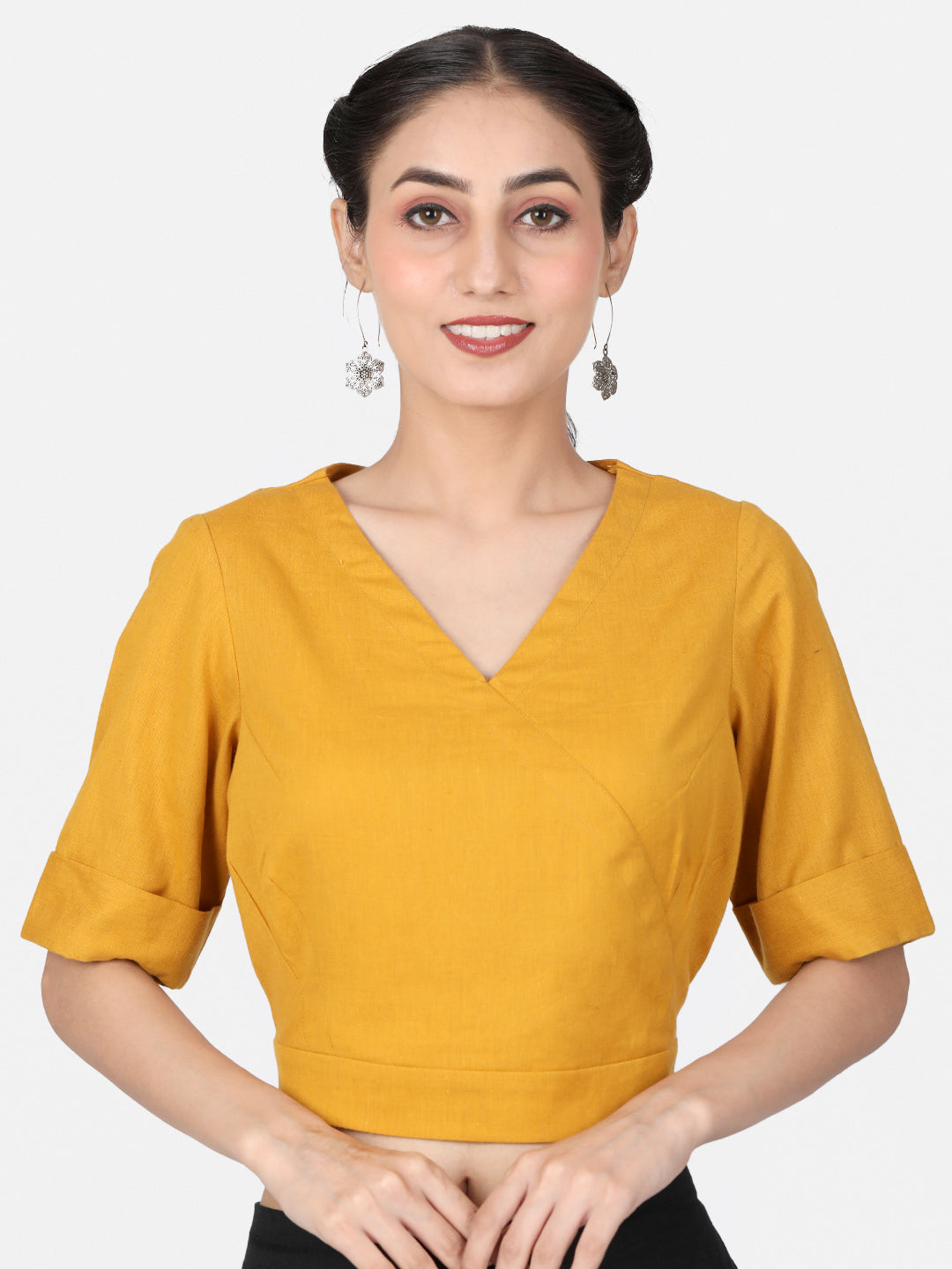 Mustard Solid Cotton Ready To Wear Saree Blouse