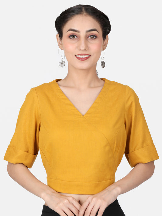 Mustard Solid Cotton Ready To Wear Saree Blouse