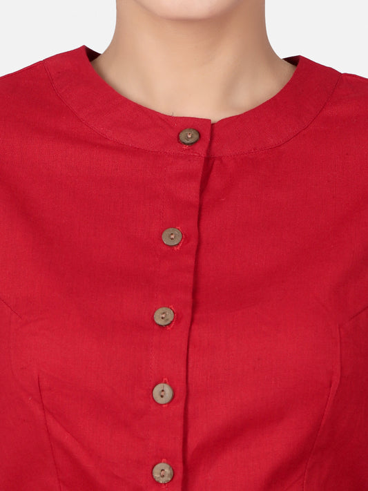 Red Solid Cotton Ready To Wear Saree Blouse