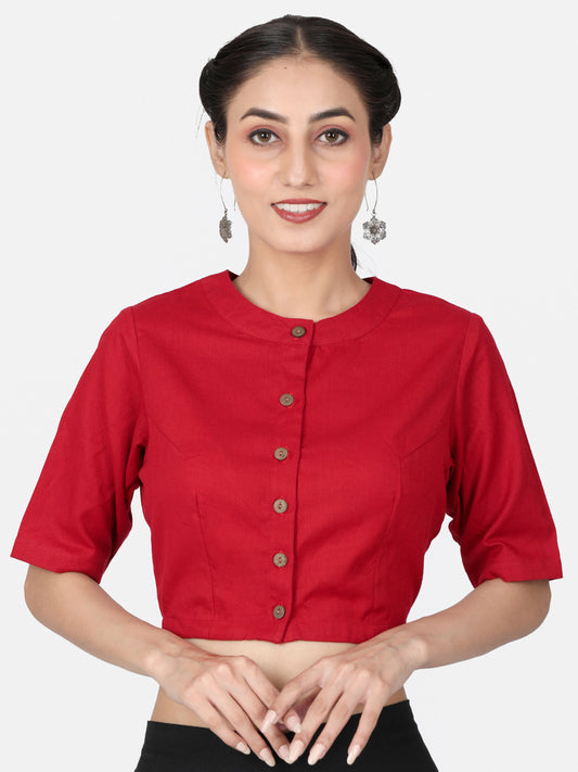 Red Solid Cotton Ready To Wear Saree Blouse