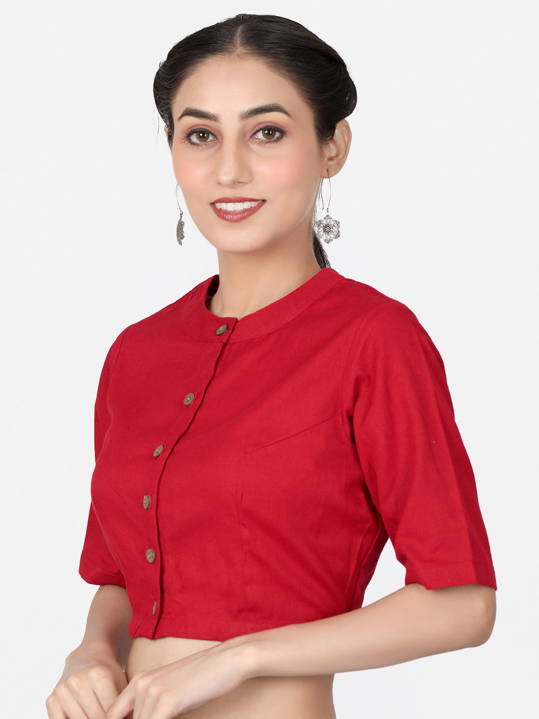 Red Solid Cotton Ready To Wear Saree Blouse