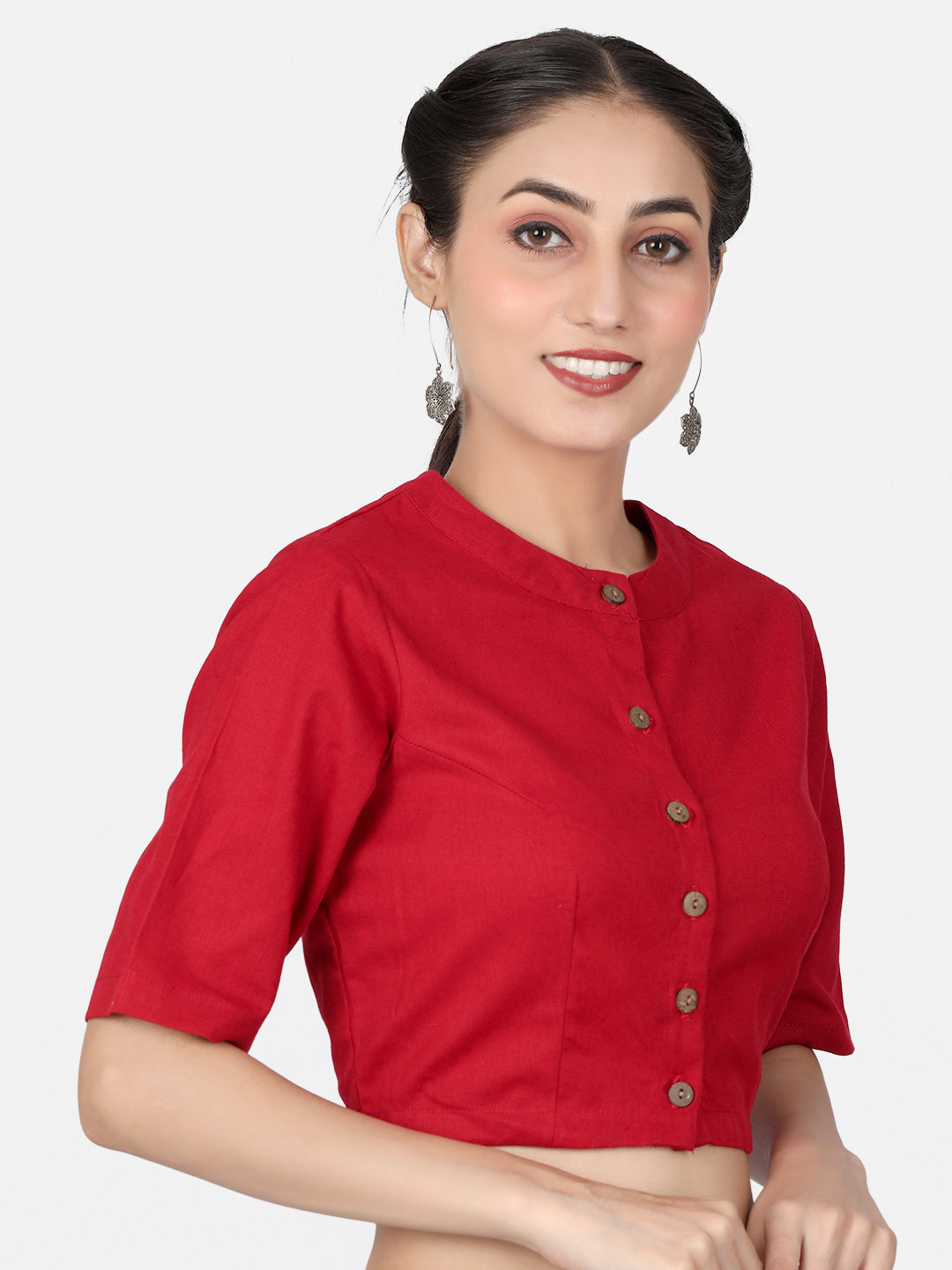 Red Solid Cotton Ready To Wear Saree Blouse