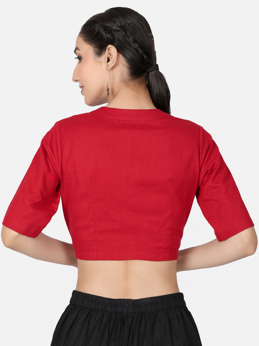 Red Solid Cotton Ready To Wear Saree Blouse