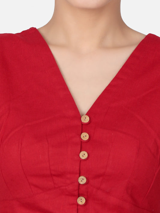 Red Solid Cotton Ready To Wear  Saree Blouse