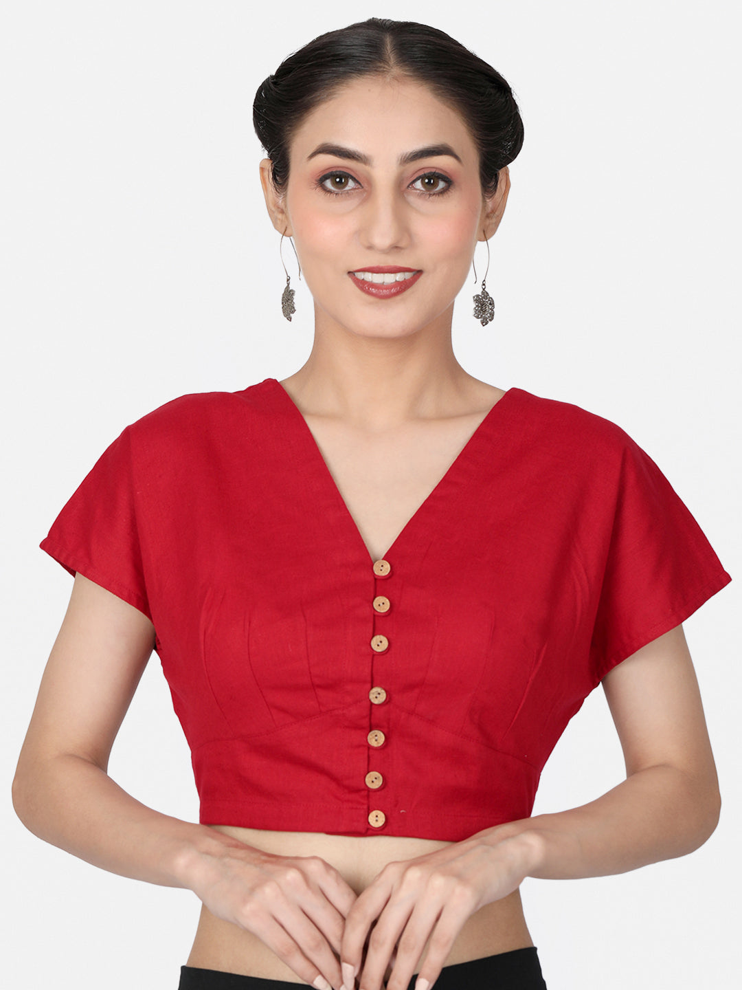 Red Solid Cotton Ready To Wear  Saree Blouse