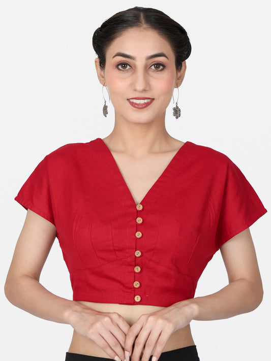 Red Solid Cotton Ready To Wear  Saree Blouse