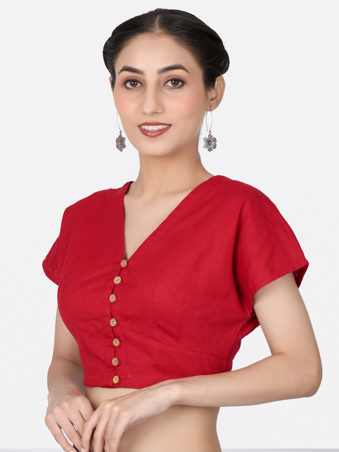 Red Solid Cotton Ready To Wear  Saree Blouse