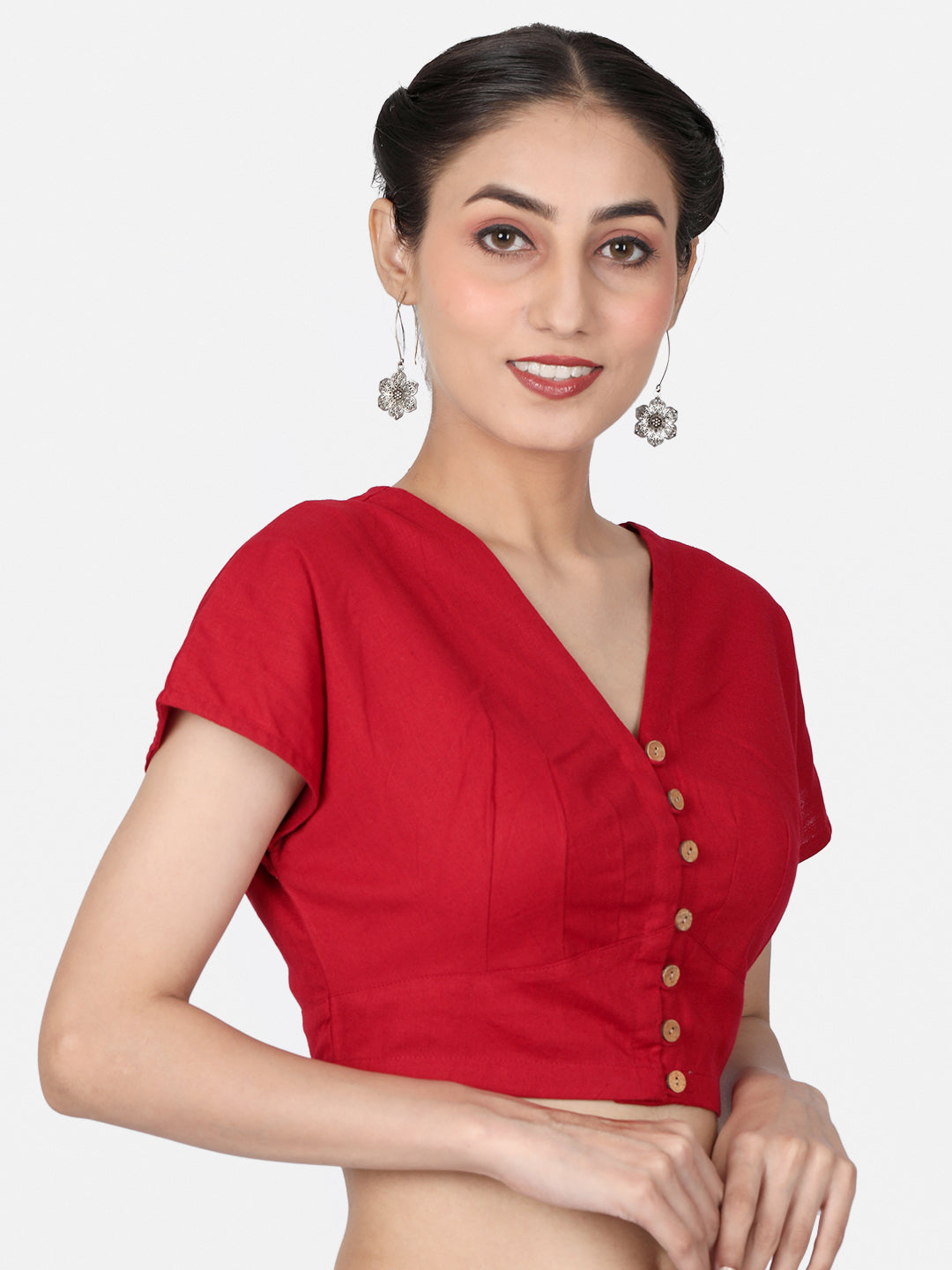 Red Solid Cotton Ready To Wear  Saree Blouse