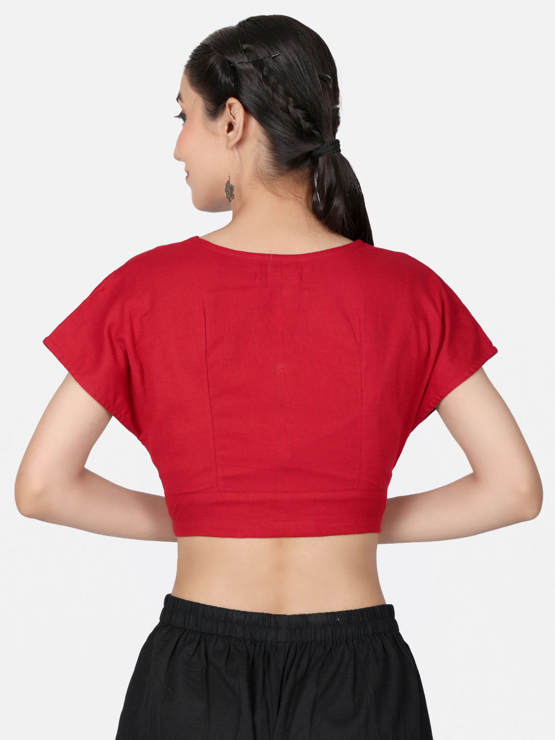Red Solid Cotton Ready To Wear  Saree Blouse