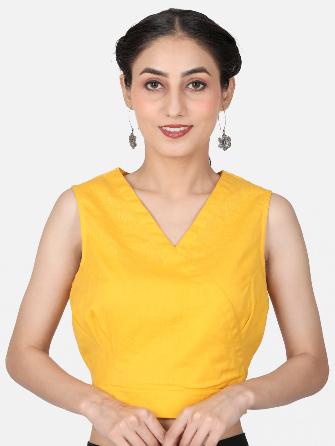 Women  Yellow solid Cotton Ready To Wear Non Padded Saree Blouse