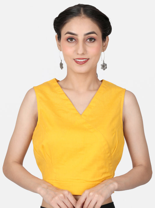 Women  Yellow solid Cotton Ready To Wear Non Padded Saree Blouse