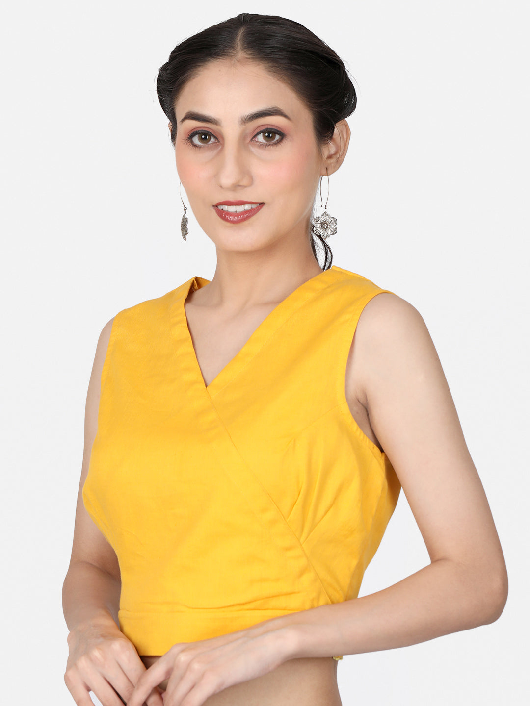 Women  Yellow solid Cotton Ready To Wear Non Padded Saree Blouse