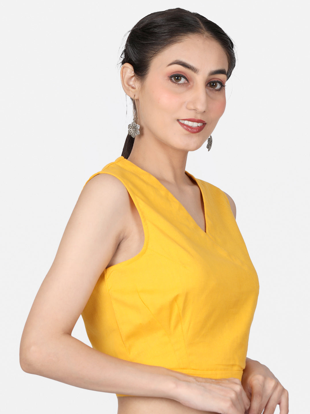 Women  Yellow solid Cotton Ready To Wear Non Padded Saree Blouse