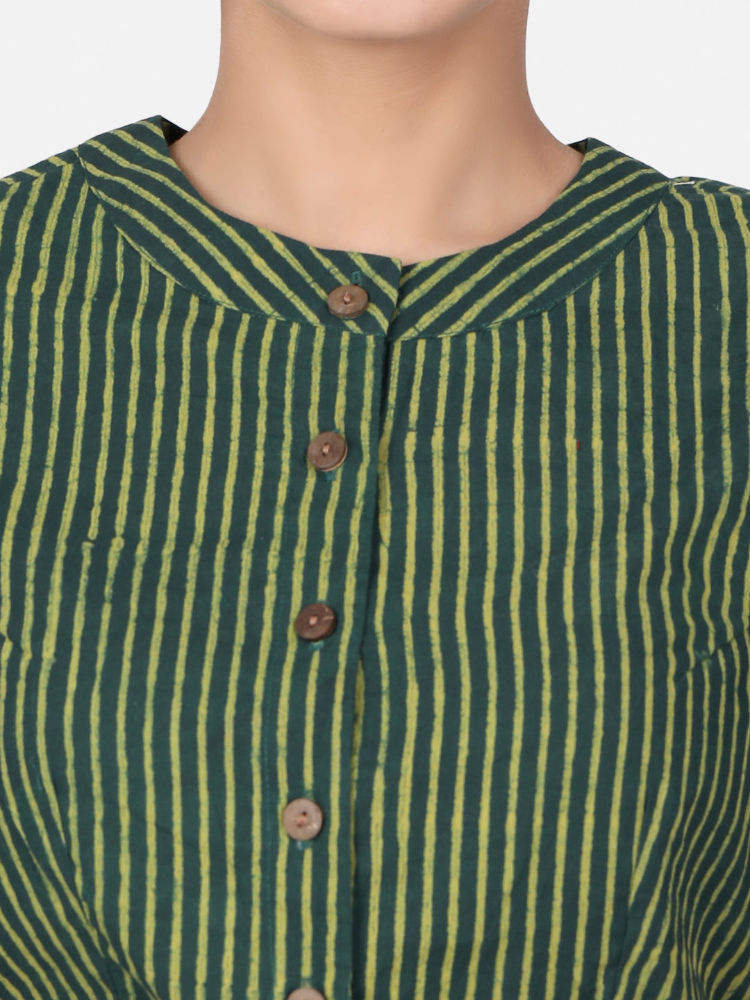 Women Green Striped Block Printed Cotton Ready To Wear Saree Blouse