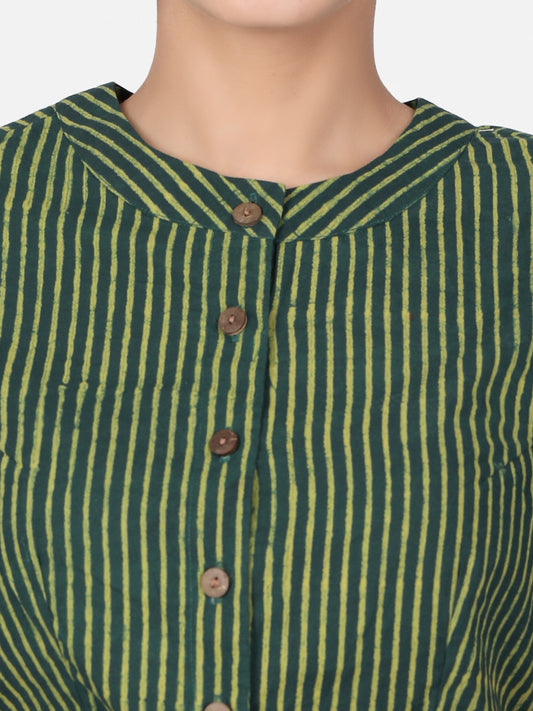 Women Green Striped Block Printed Cotton Ready To Wear Saree Blouse