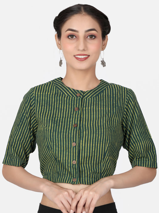 Women Green Striped Block Printed Cotton Ready To Wear Saree Blouse