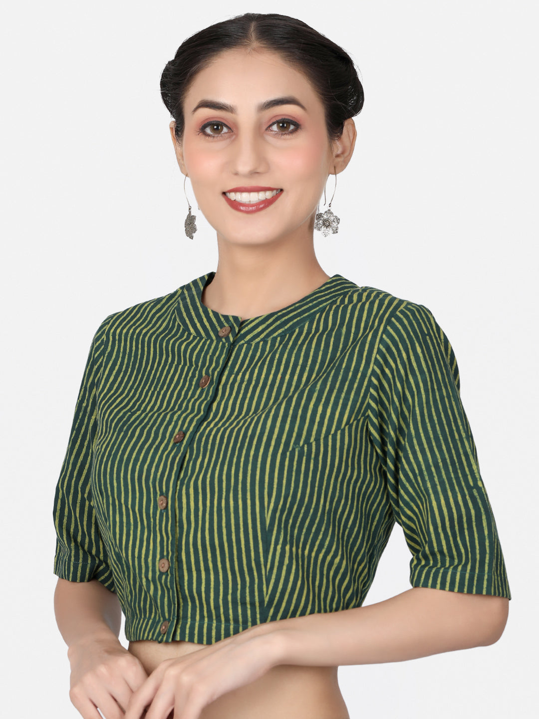 Women Green Striped Block Printed Cotton Ready To Wear Saree Blouse