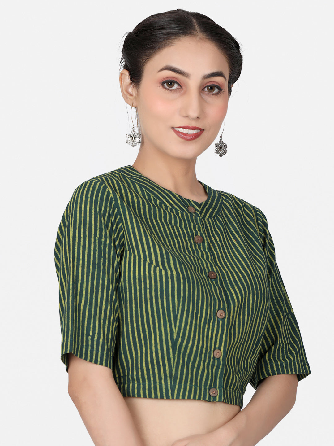 Women Green Striped Block Printed Cotton Ready To Wear Saree Blouse