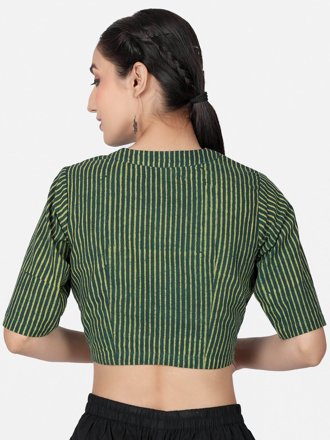 Women Green Striped Block Printed Cotton Ready To Wear Saree Blouse