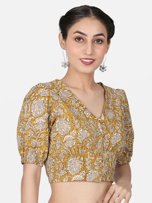 Mustard Block Printed Cotton Ready To Wear Saree Blouse