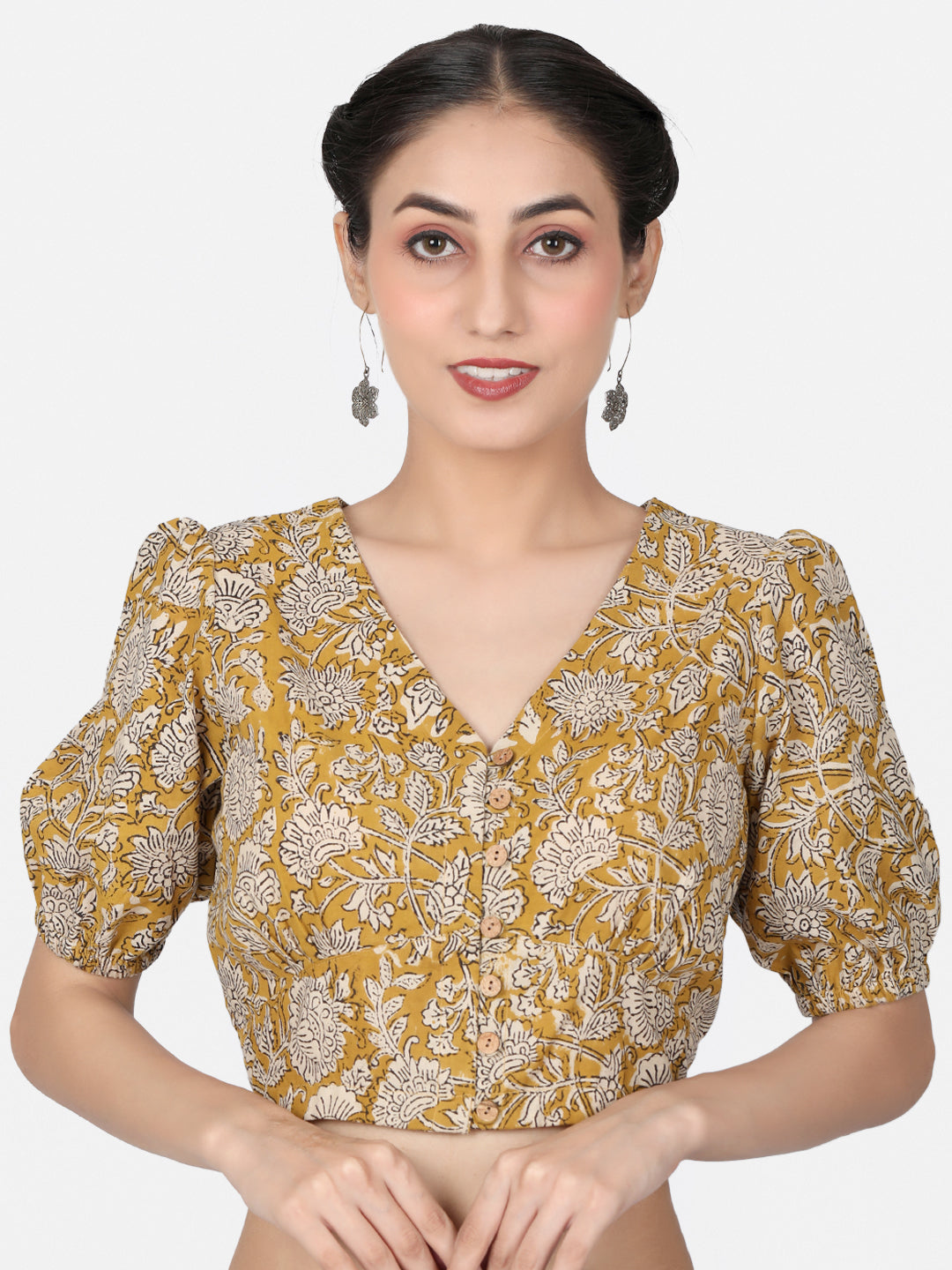 Mustard Block Printed Cotton Ready To Wear Saree Blouse