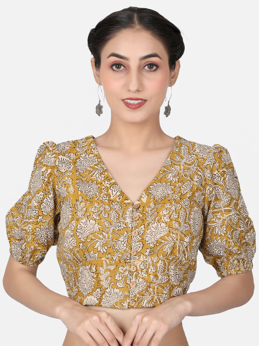 Mustard Block Printed Cotton Ready To Wear Saree Blouse