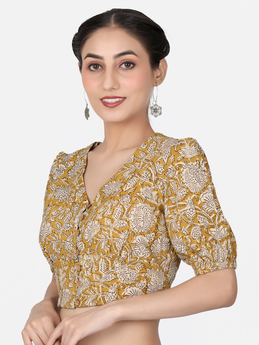 Mustard Block Printed Cotton Ready To Wear Saree Blouse