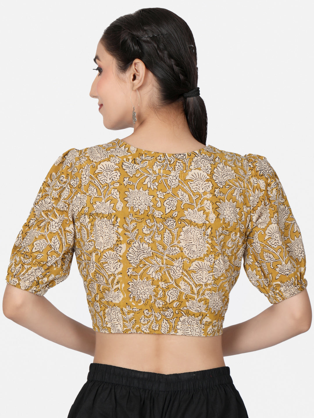 Mustard Block Printed Cotton Ready To Wear Saree Blouse
