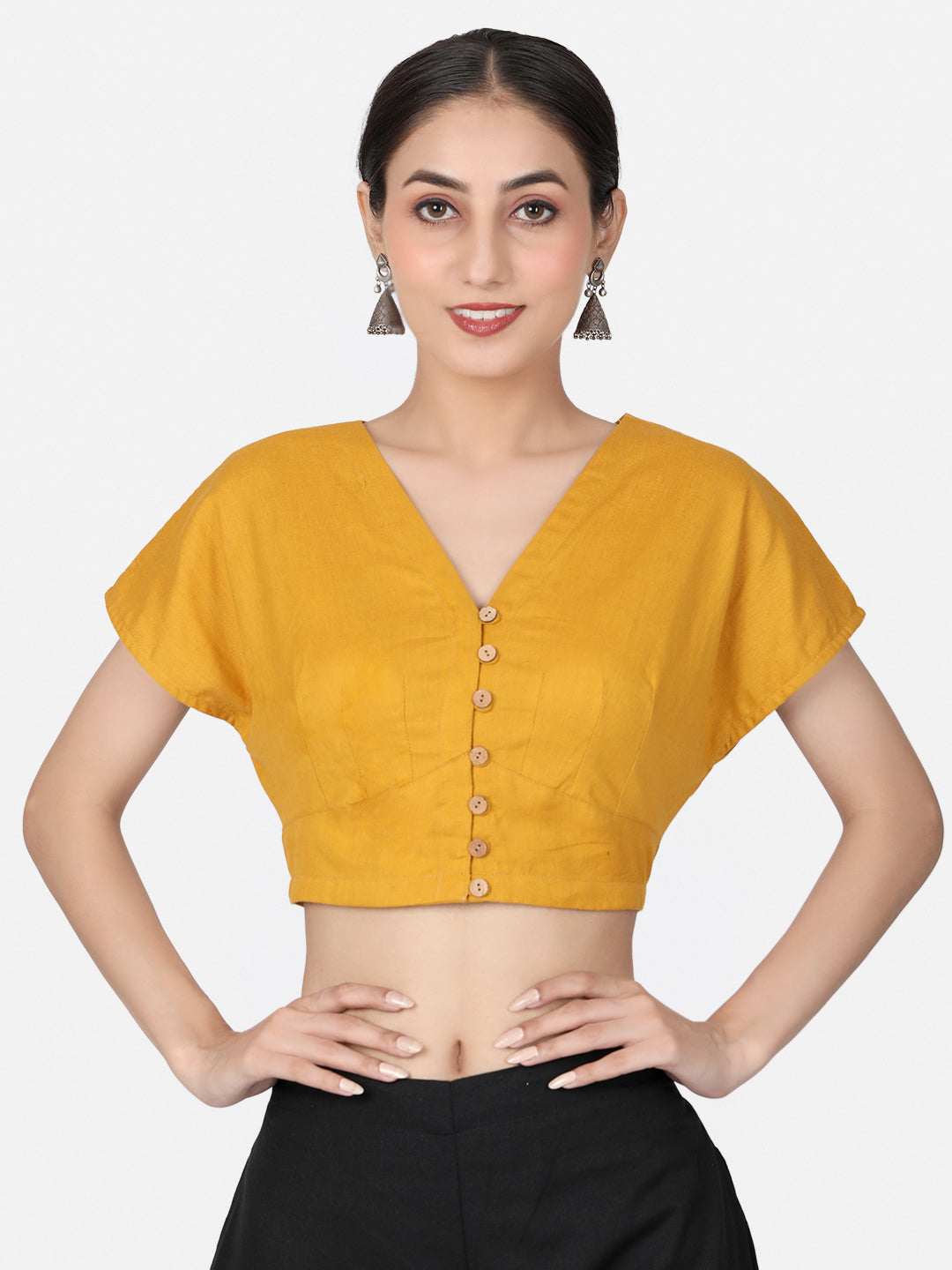 Mustard Solid Cotton Ready To Wear Saree Blouse