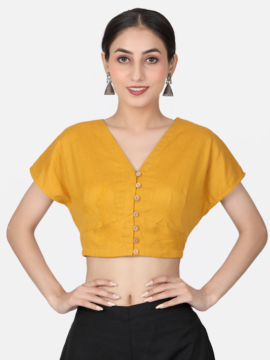 Mustard Solid Cotton Ready To Wear Saree Blouse
