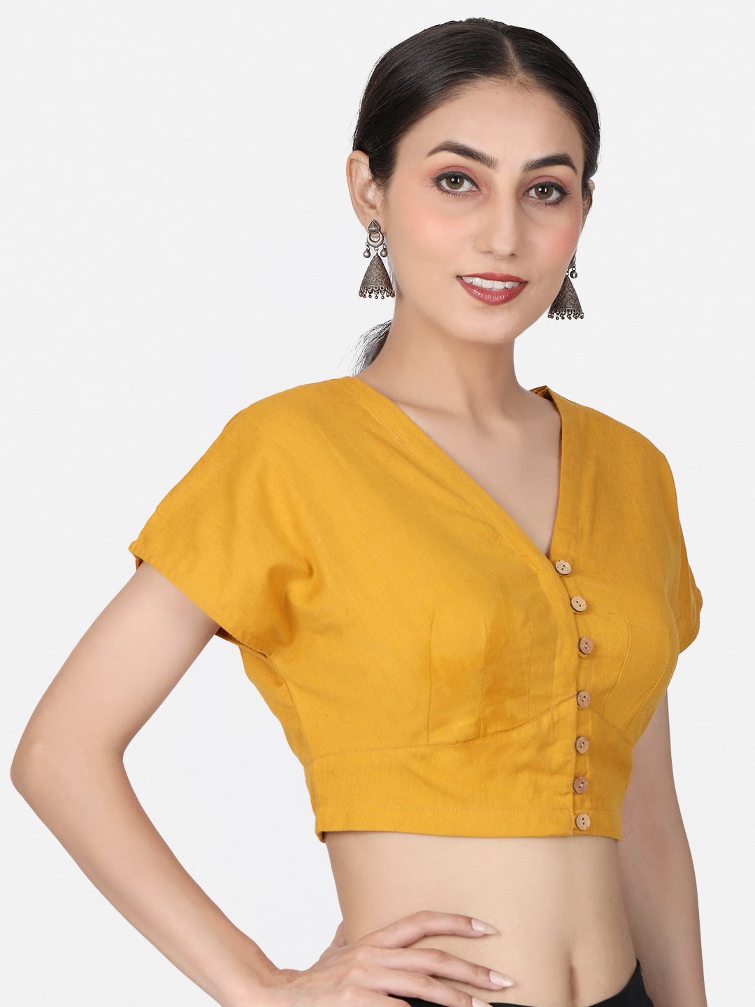 Mustard Solid Cotton Ready To Wear Saree Blouse