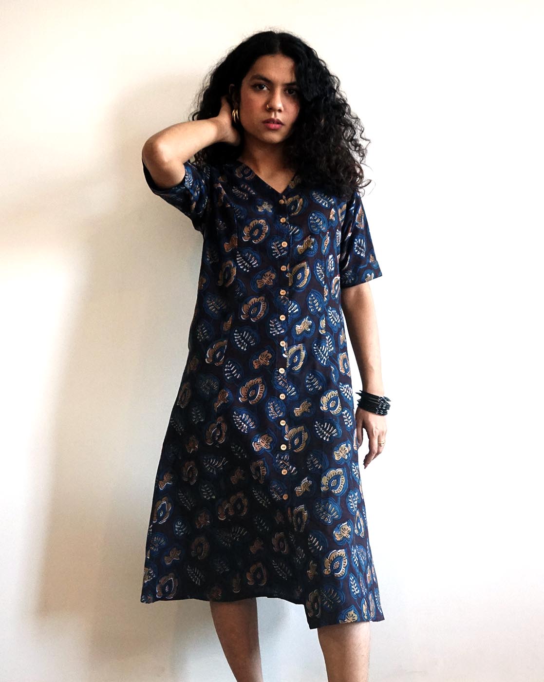 Brown Floral Handblock Dress