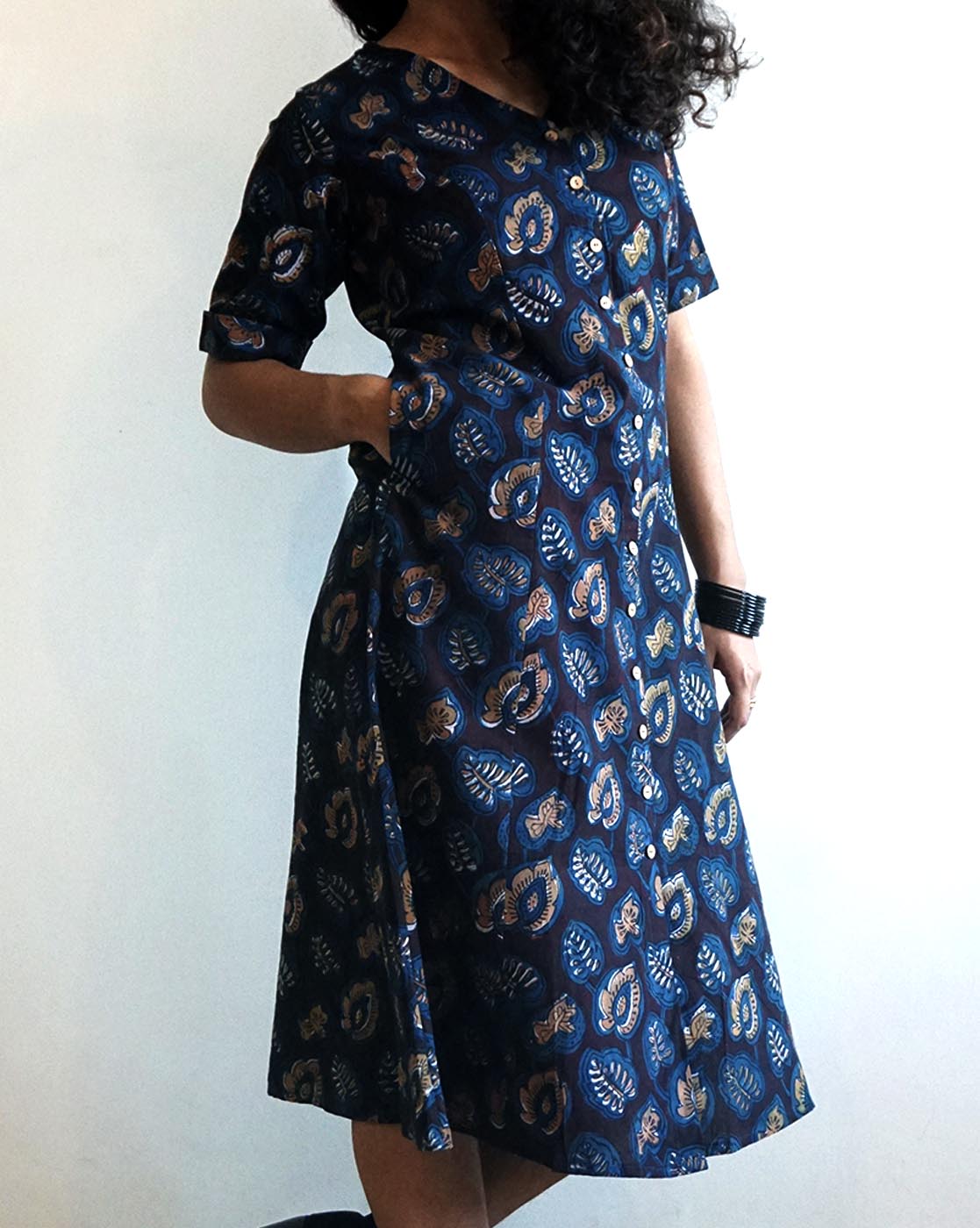 Brown Floral Handblock Dress