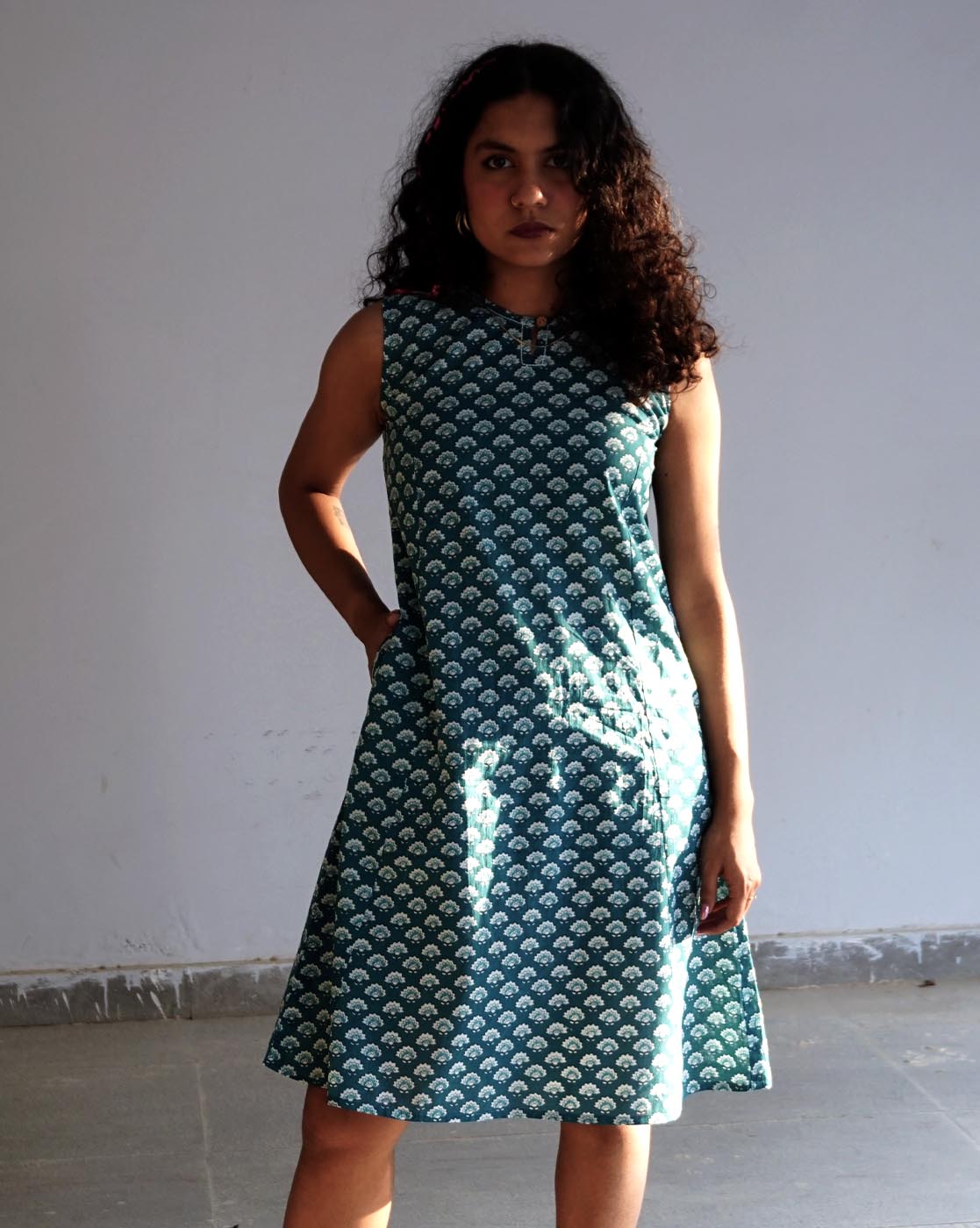 Teal Handblock Printed Dress