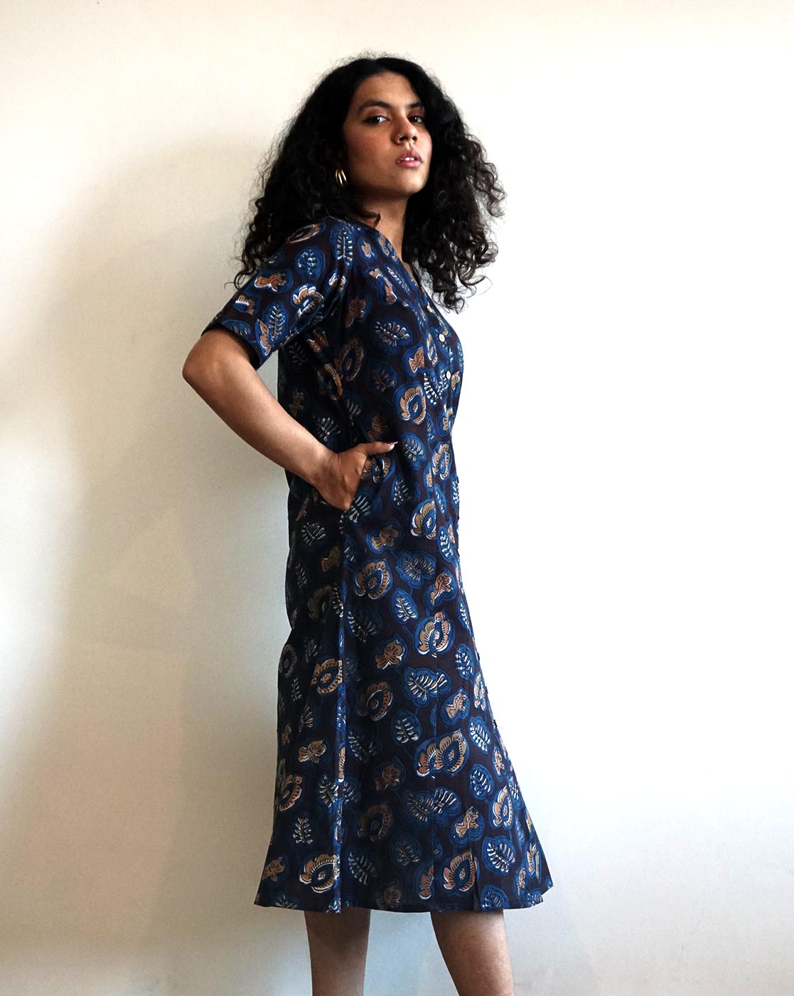 Brown Floral Handblock Dress