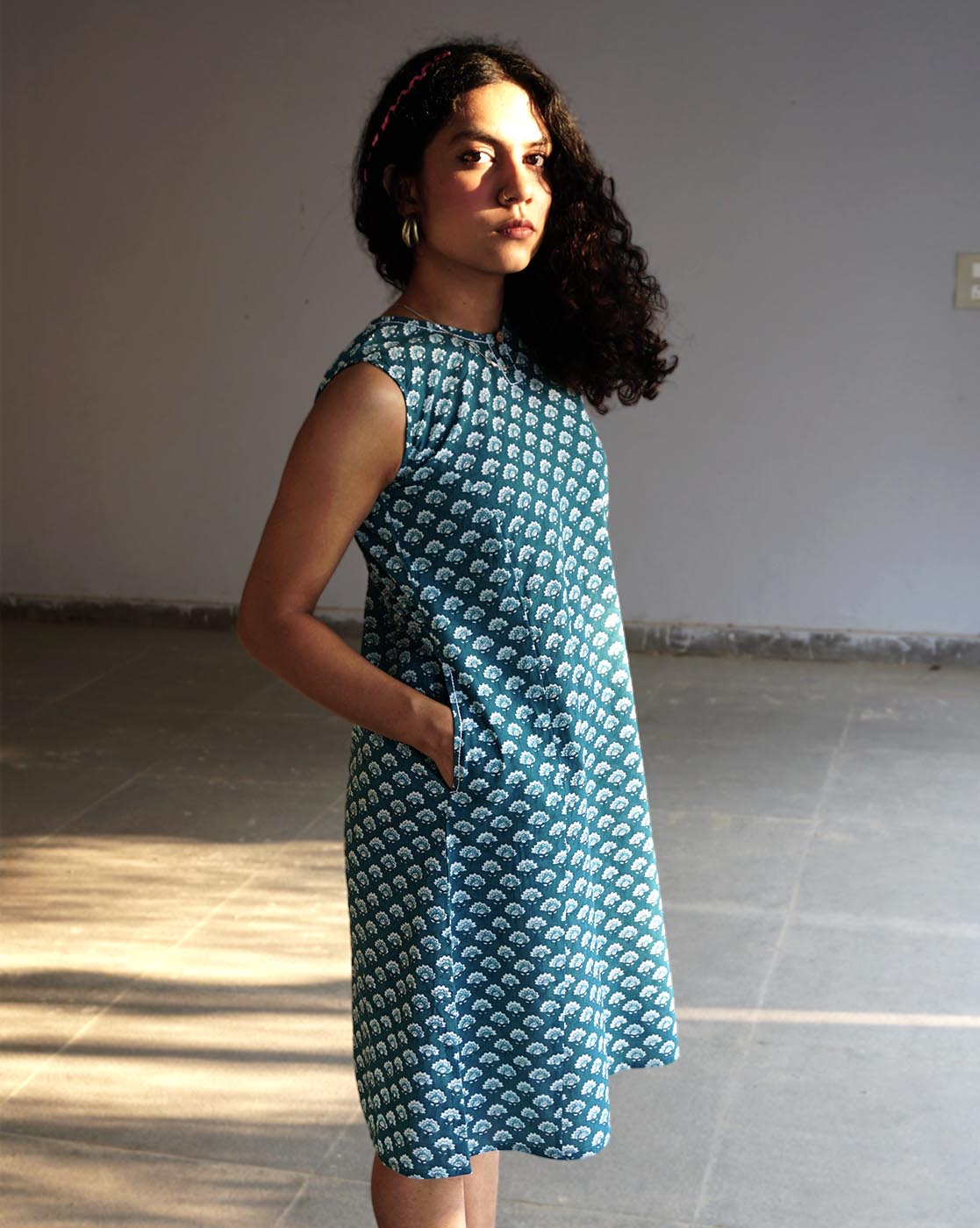 Teal Handblock Printed Dress