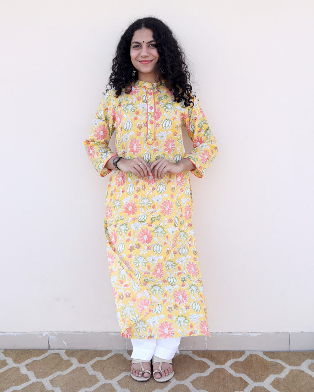 Yellow Printed Block Printed Long Kurta